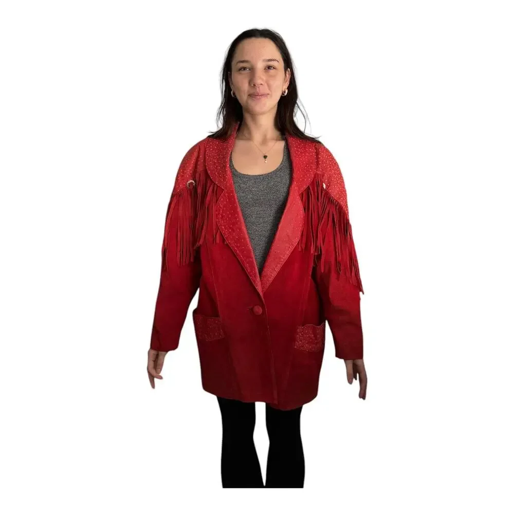 Vintage 1980s Avanti Red Suede Western Fringe Frontier Leather Coat medium - Picture 13 of 16